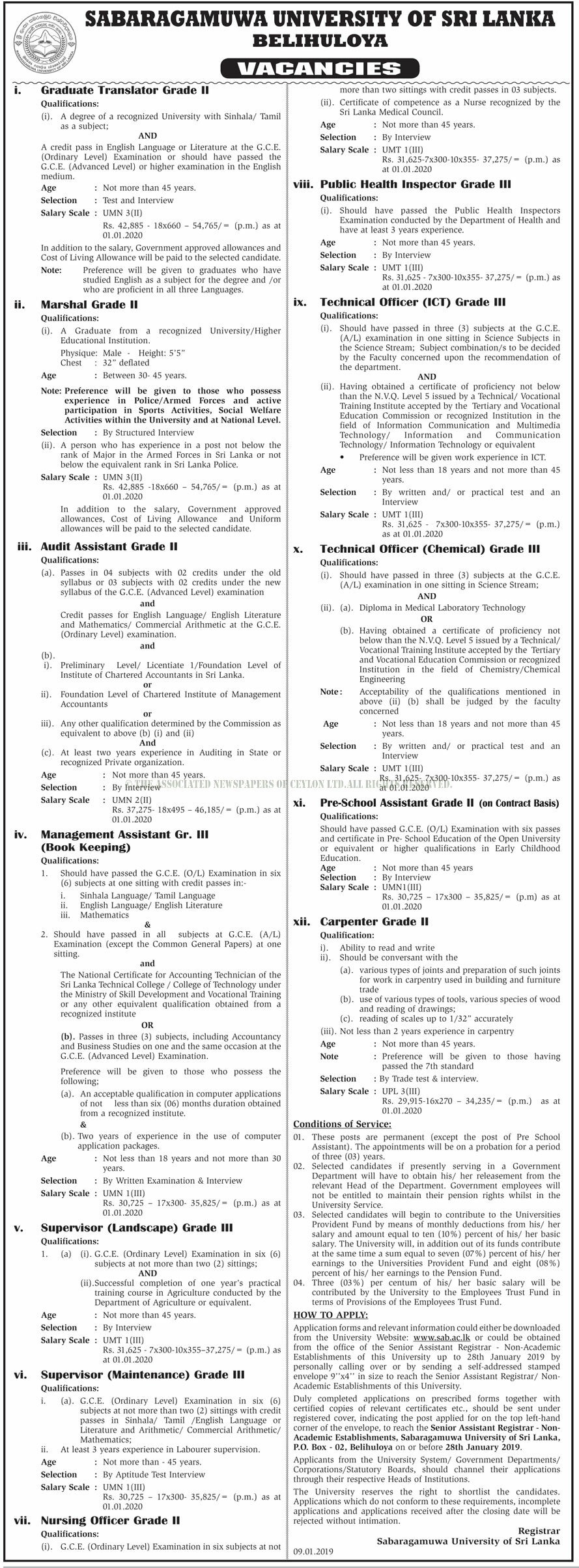 Management Assistant, Pre School Assistant, Public Health Inspector, Graduate Translator, Marshal, Audit Assistant, Technical Officer, Carpenter - Sabaragamuwa University